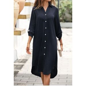 GGUHHU Women’s Chic Button Down Long Sleeve Midi Black Pockets Shirt-Dress S